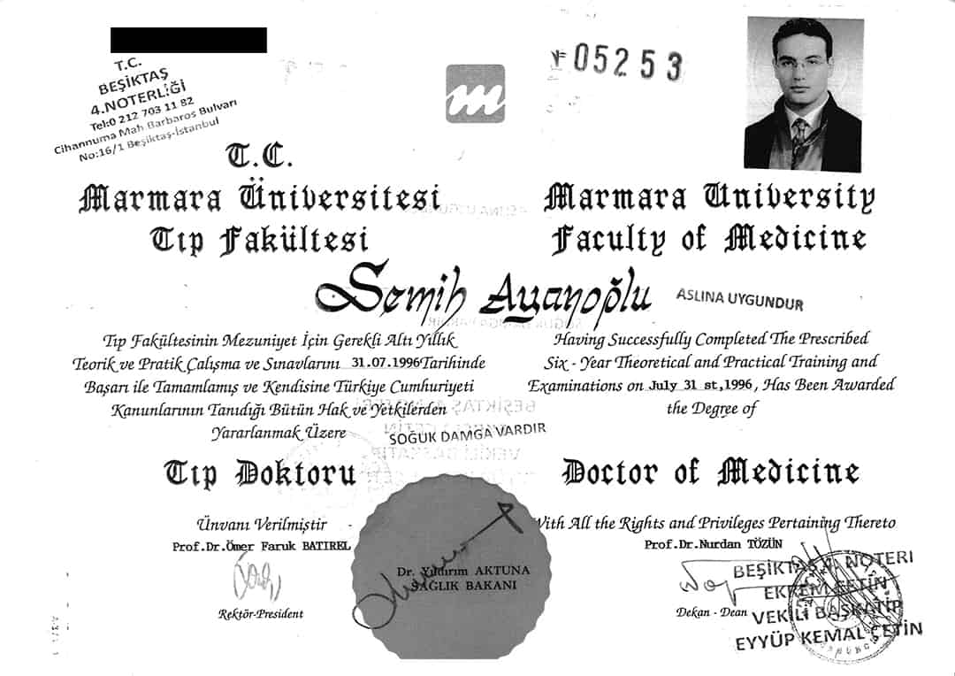 Доктор Семих Аяноглу - доктор медицины - Диплома-сек-1080