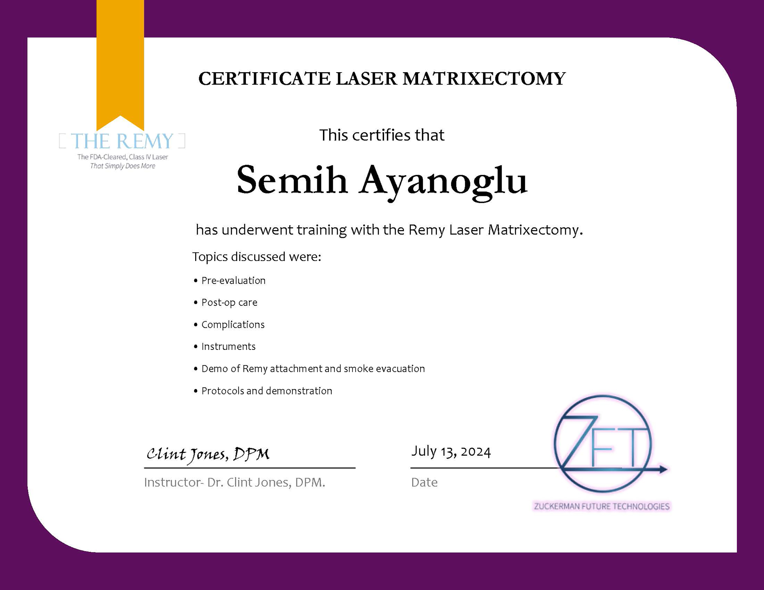 Сертификат по обучению лазерной матрицэктомии по Реми