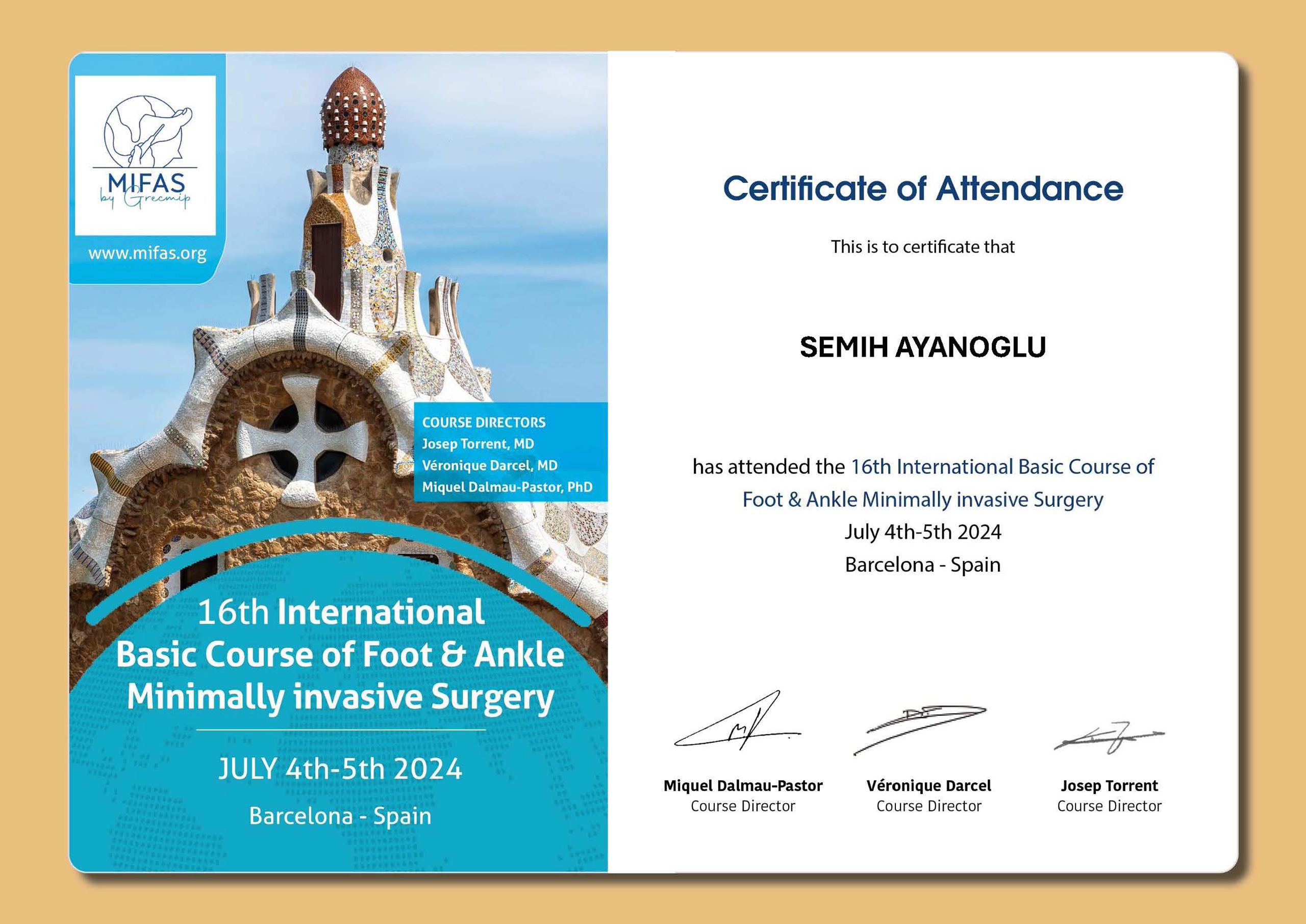 Сертификат о прохождении курса по хирургии стопы, Барселона 2024.